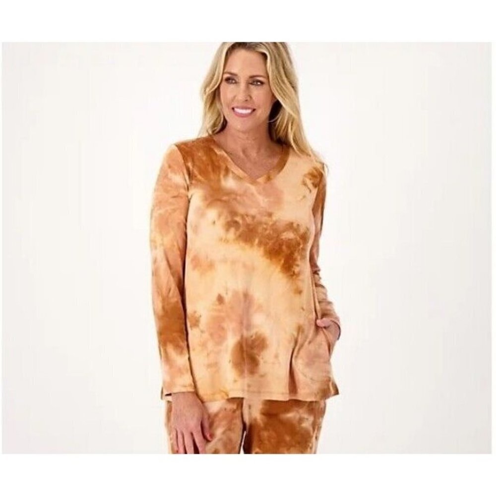 LOGO Lounge by Lori Goldstein Brushed Tie-Dye V-Neck Long Slee Adobe.Medium
